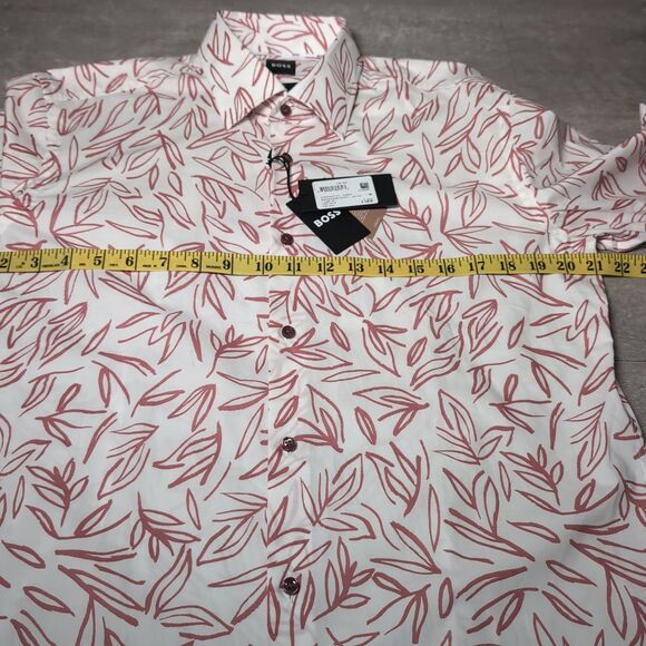 Hugo Boss White Red Floral Button Down Slim Fit Stretch Collar Shirt Large NWT - Picture 7 of 8